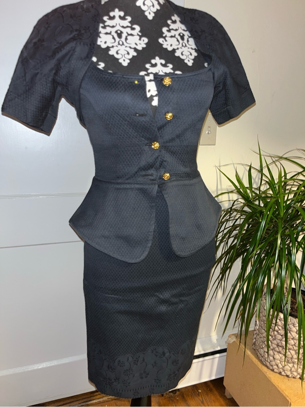 Vintage Christian Lacroix Paris Black Peplum 3 piece  Suit Gold Buttons Arc 6085
